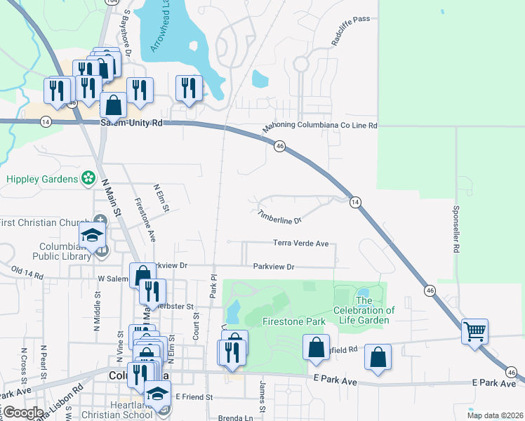map of restaurants, bars, coffee shops, grocery stores, and more near 2301 Timberline Drive in Columbiana