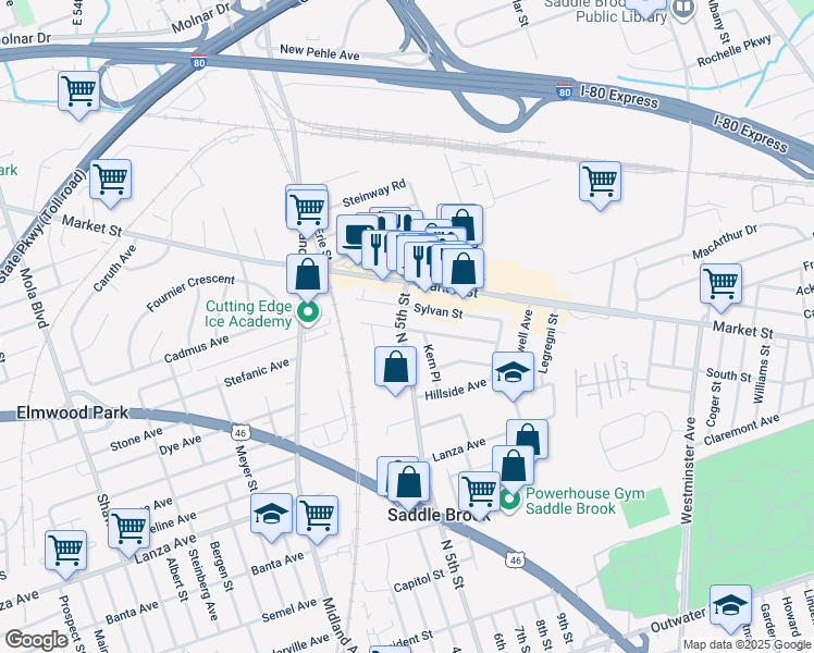 map of restaurants, bars, coffee shops, grocery stores, and more near 36 North 5th Street in Saddle Brook