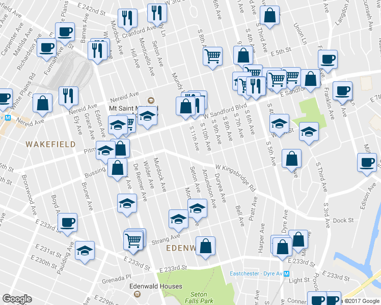map of restaurants, bars, coffee shops, grocery stores, and more near 537 Seton Avenue in Mount Vernon