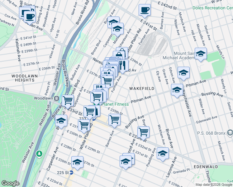 map of restaurants, bars, coffee shops, grocery stores, and more near 4329 Byron Avenue in Bronx
