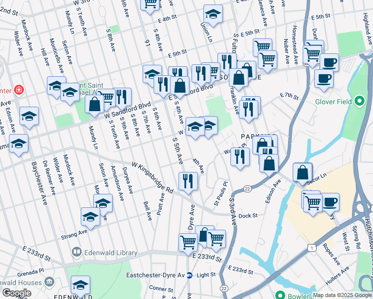 map of restaurants, bars, coffee shops, grocery stores, and more near 630 South 4th Avenue in Mount Vernon