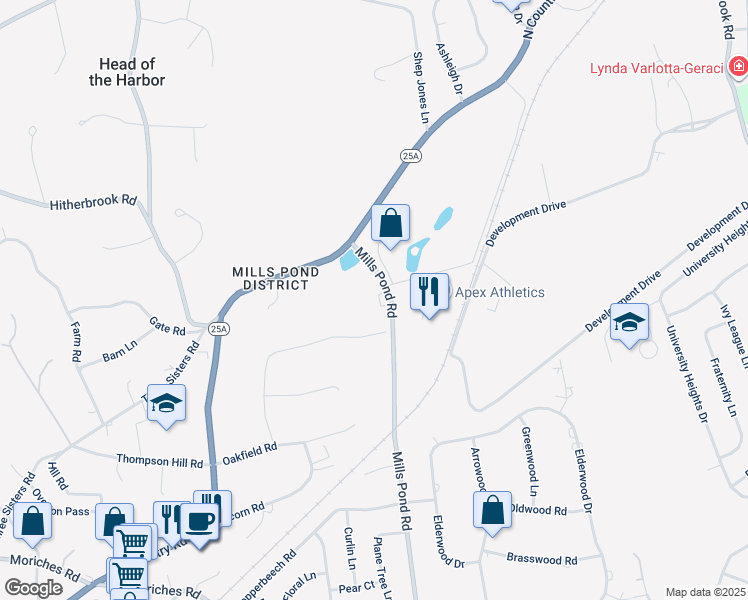 map of restaurants, bars, coffee shops, grocery stores, and more near 174 Mills Pond Road in Saint James