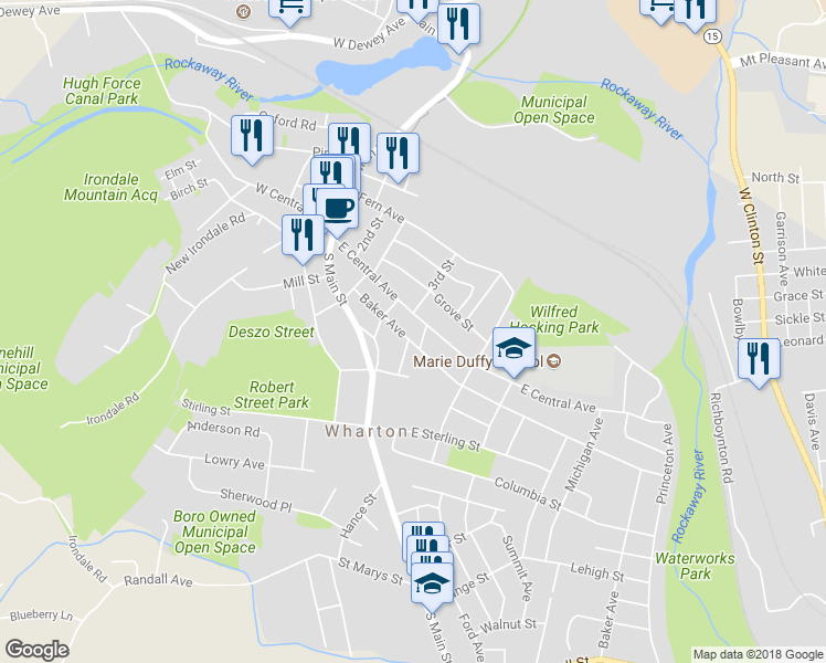 map of restaurants, bars, coffee shops, grocery stores, and more near 57 Baker Avenue in Wharton