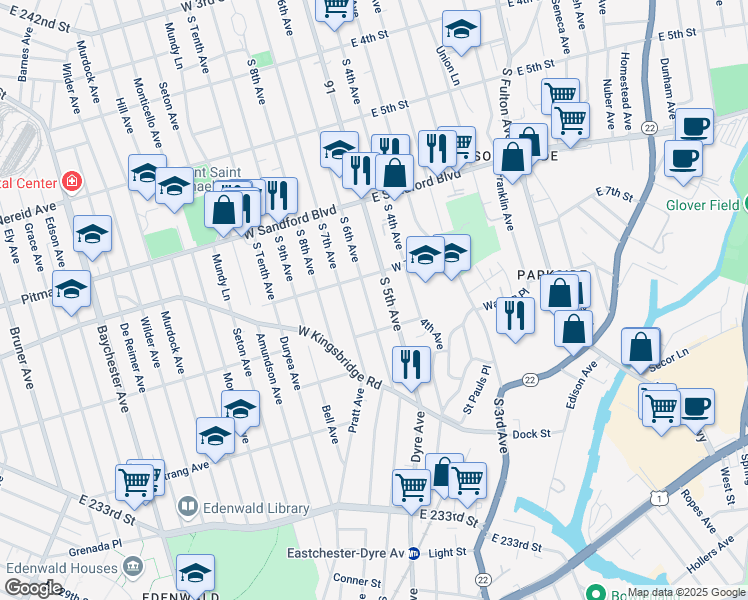 map of restaurants, bars, coffee shops, grocery stores, and more near 625 South 6th Avenue in Mount Vernon