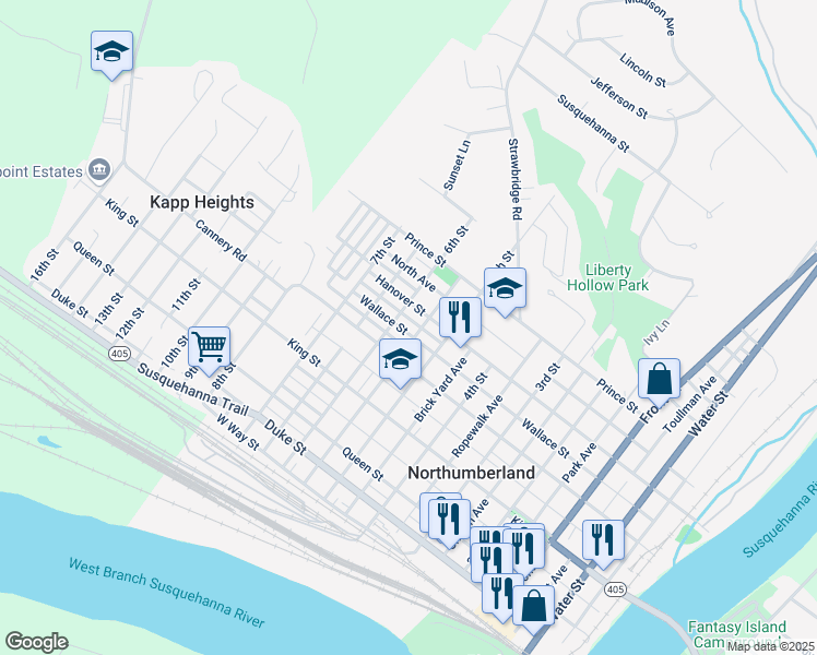 map of restaurants, bars, coffee shops, grocery stores, and more near 570 Wallace Street in Northumberland