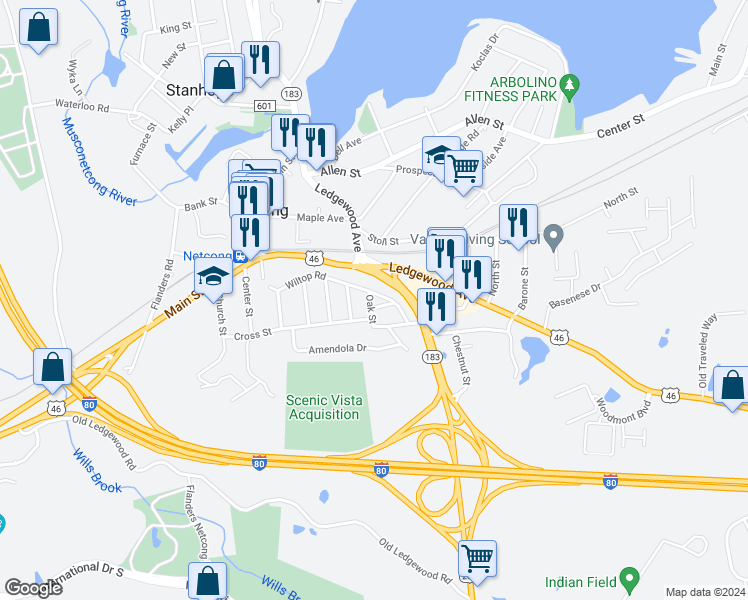 map of restaurants, bars, coffee shops, grocery stores, and more near 9 Oak St in Netcong