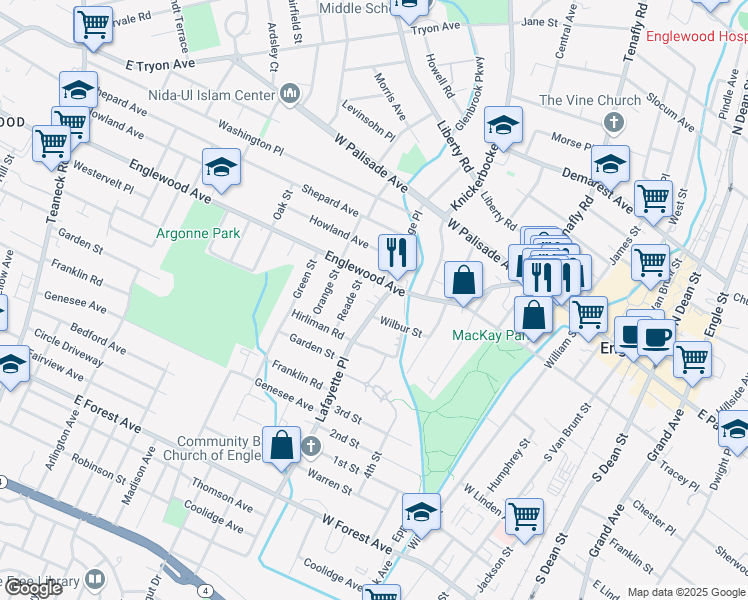 map of restaurants, bars, coffee shops, grocery stores, and more near 80 Lafayette Place in Englewood