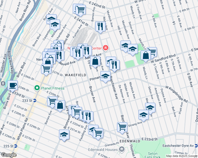 map of restaurants, bars, coffee shops, grocery stores, and more near 4231 Grace Avenue in Bronx