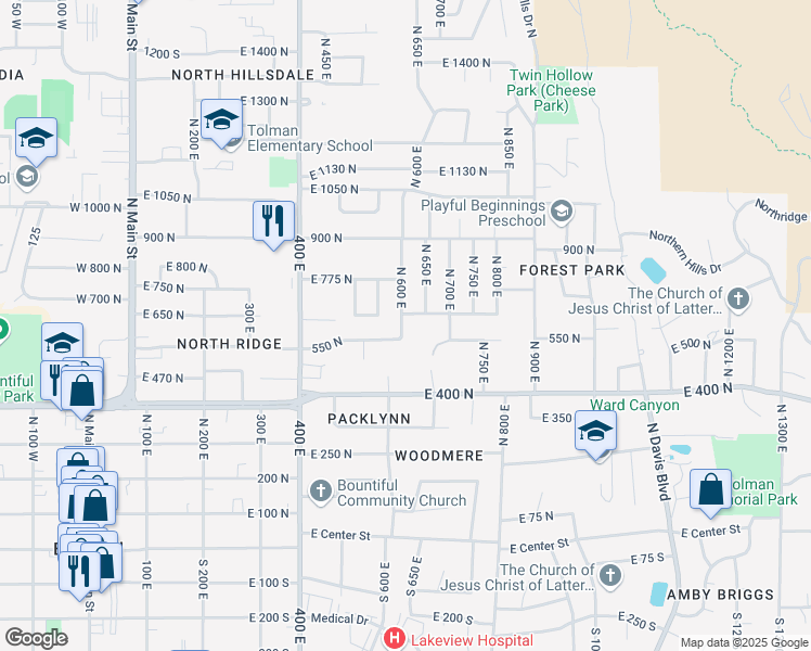 map of restaurants, bars, coffee shops, grocery stores, and more near 610 East 650 North in Bountiful