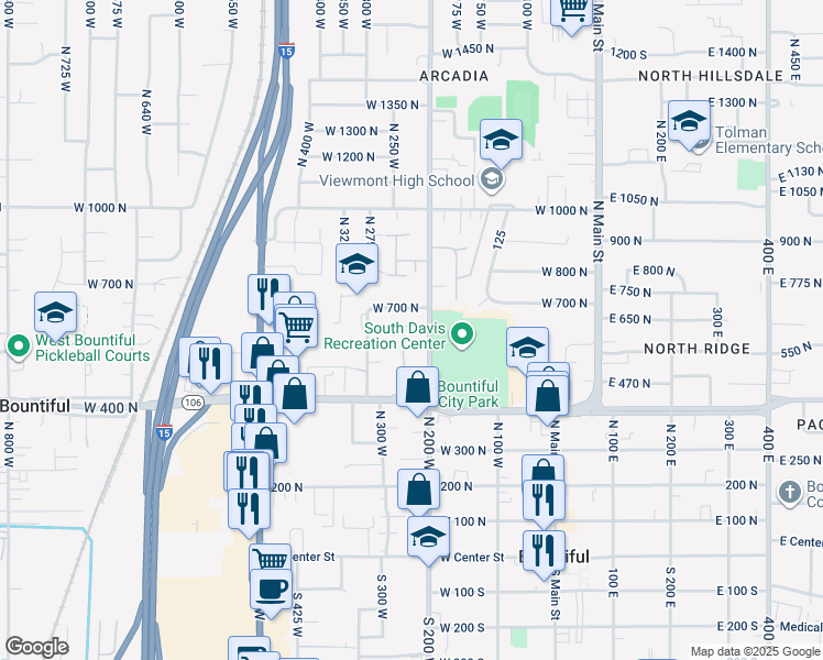 map of restaurants, bars, coffee shops, grocery stores, and more near 553 North 200 West in Bountiful
