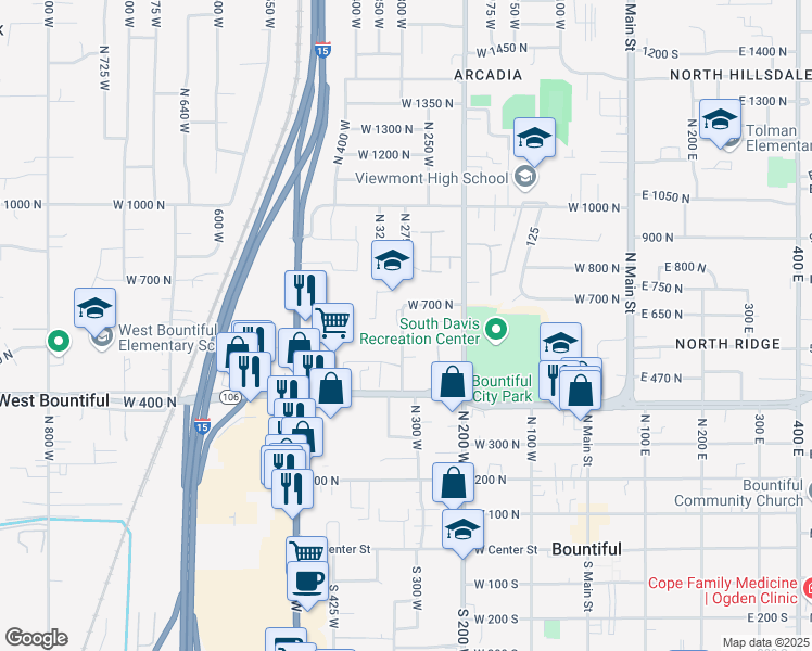 map of restaurants, bars, coffee shops, grocery stores, and more near 340 West 650 North in Bountiful