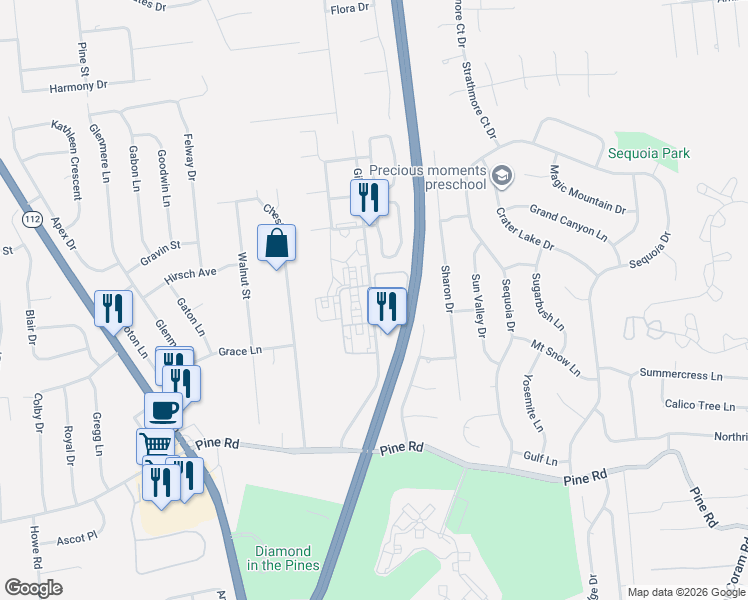 map of restaurants, bars, coffee shops, grocery stores, and more near 35 Gibbs Road in Coram