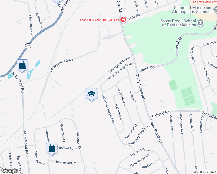 map of restaurants, bars, coffee shops, grocery stores, and more near 3 Sophomore Lane in Stony Brook