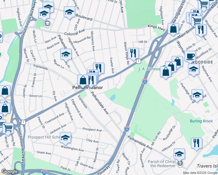 map of restaurants, bars, coffee shops, grocery stores, and more near 3 The Hamlet in Pelham Manor