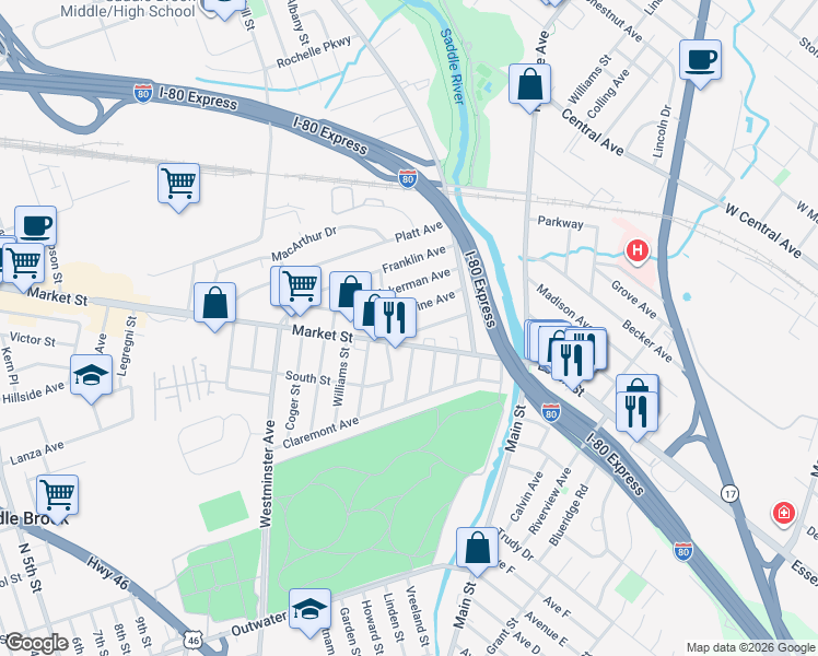 map of restaurants, bars, coffee shops, grocery stores, and more near 59 Harrison Avenue in Saddle Brook
