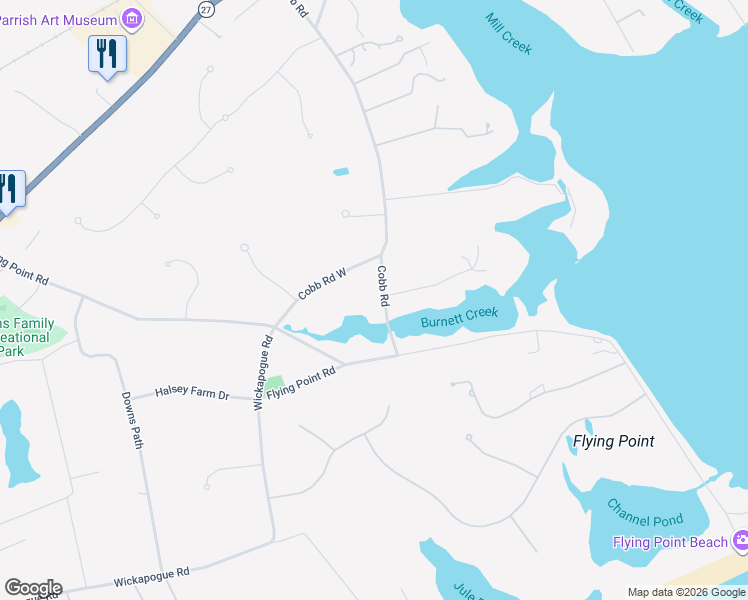 map of restaurants, bars, coffee shops, grocery stores, and more near 61 Cobb Road in Water Mill