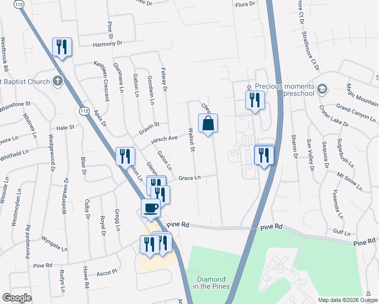 map of restaurants, bars, coffee shops, grocery stores, and more near 22 Walnut Street in Coram