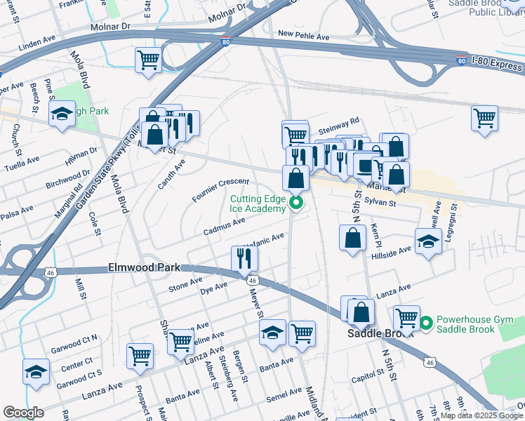 map of restaurants, bars, coffee shops, grocery stores, and more near 1 Obal Avenue in Elmwood Park