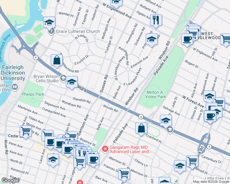 map of restaurants, bars, coffee shops, grocery stores, and more near 1090 Belle Avenue in Teaneck