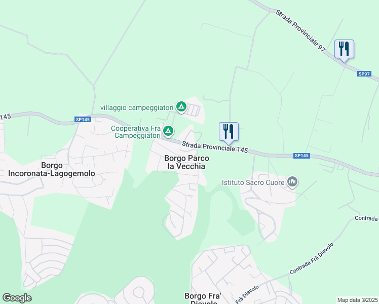 map of restaurants, bars, coffee shops, grocery stores, and more near 1 Contrada Parco La Vecchia in Borgo Parco La Vecchia