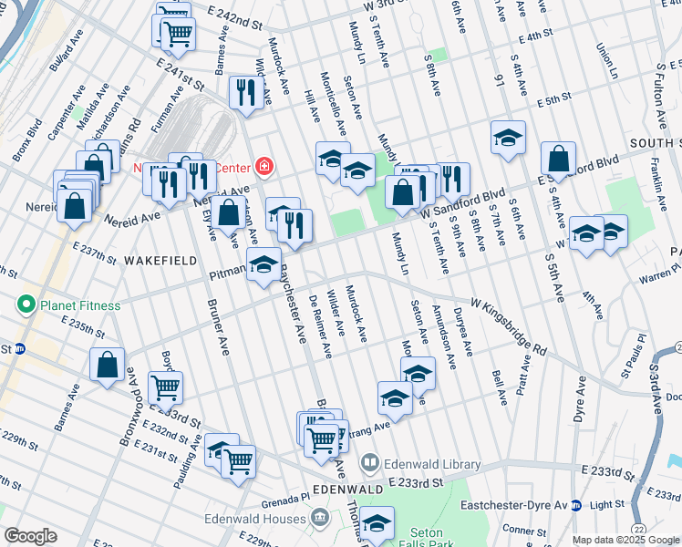 map of restaurants, bars, coffee shops, grocery stores, and more near 4201 Murdock Avenue in The Bronx