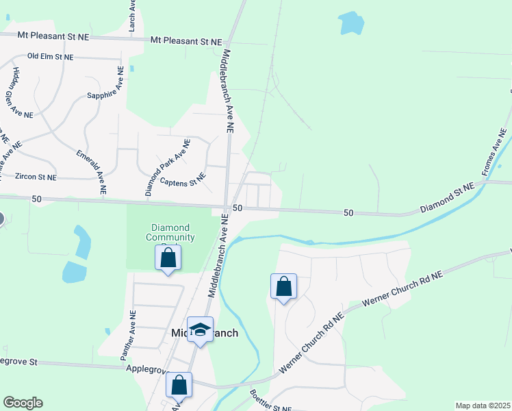 map of restaurants, bars, coffee shops, grocery stores, and more near 2923 Diamond Street Northeast in Canton