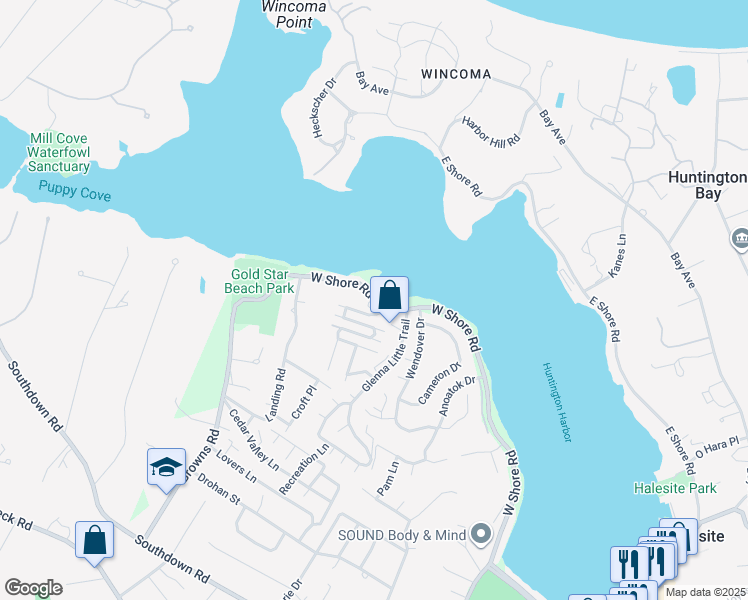 map of restaurants, bars, coffee shops, grocery stores, and more near 297 West Shore Road in Huntington