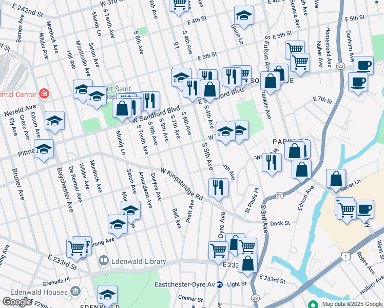map of restaurants, bars, coffee shops, grocery stores, and more near 625 South 6th Avenue in Mount Vernon