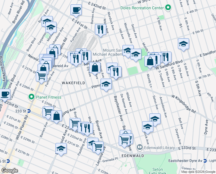 map of restaurants, bars, coffee shops, grocery stores, and more near 4221 Baychester Avenue in Bronx