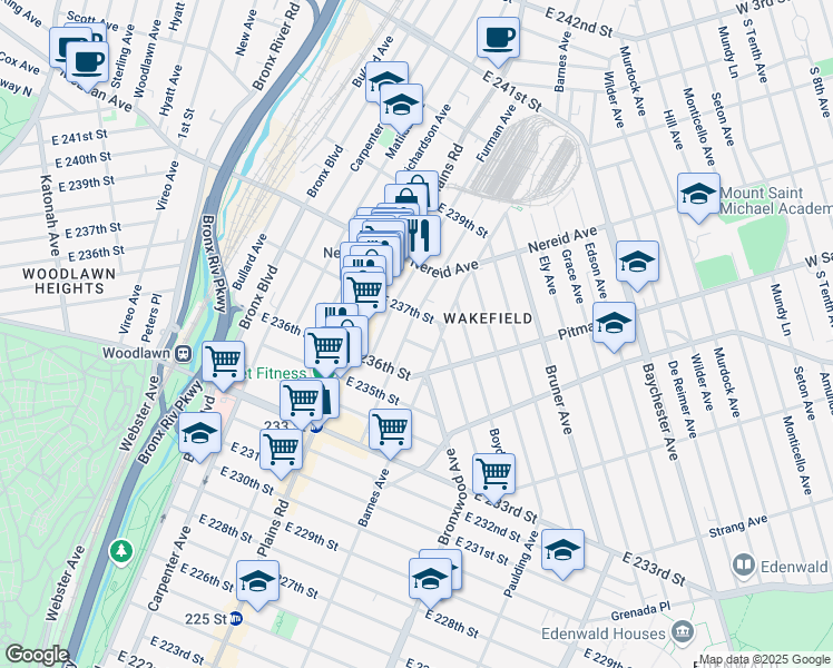 map of restaurants, bars, coffee shops, grocery stores, and more near 4329 Byron Avenue in Bronx