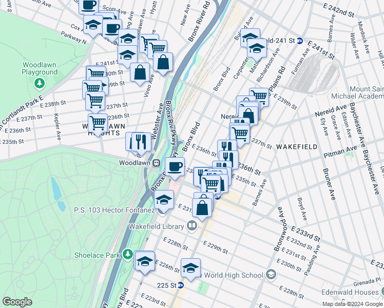 map of restaurants, bars, coffee shops, grocery stores, and more near 4238 Bronx Boulevard in Bronx