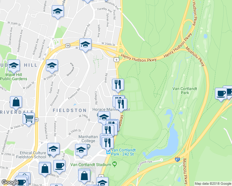 map of restaurants, bars, coffee shops, grocery stores, and more near 221 West 251st Street in Bronx