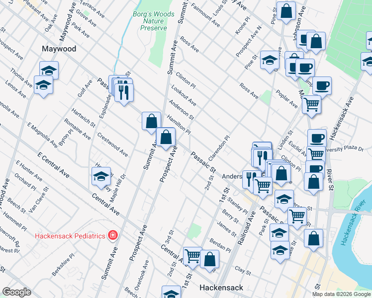 map of restaurants, bars, coffee shops, grocery stores, and more near 295 Passaic Street in Hackensack