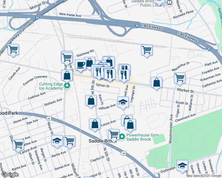 map of restaurants, bars, coffee shops, grocery stores, and more near 406 Sylvan Street in Saddle Brook