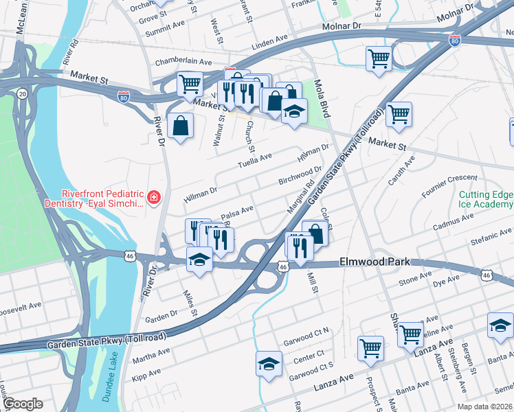 map of restaurants, bars, coffee shops, grocery stores, and more near 131 Palsa Avenue in Elmwood Park