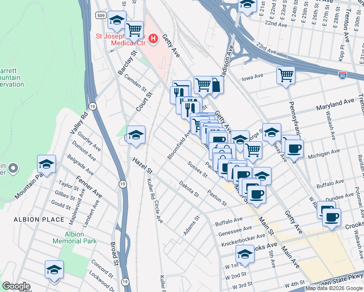 map of restaurants, bars, coffee shops, grocery stores, and more near 76 Bloomfield Avenue in Paterson