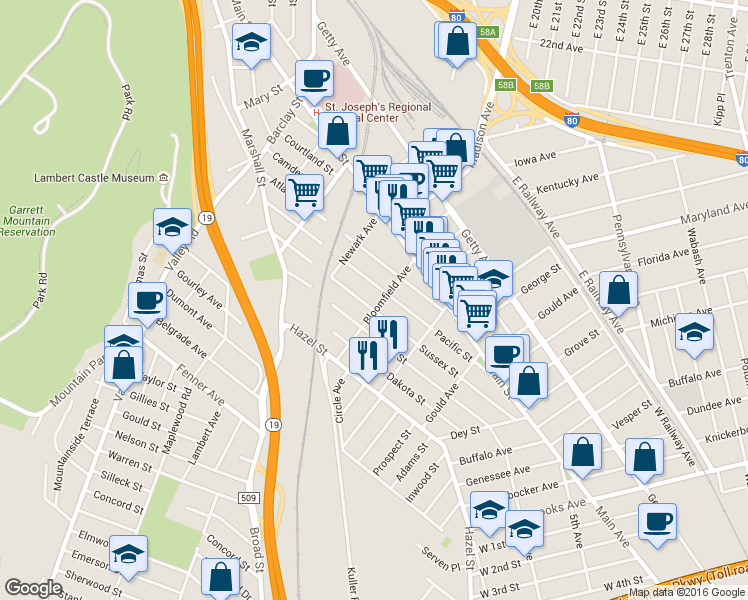 map of restaurants, bars, coffee shops, grocery stores, and more near 266 Sussex Street in Paterson