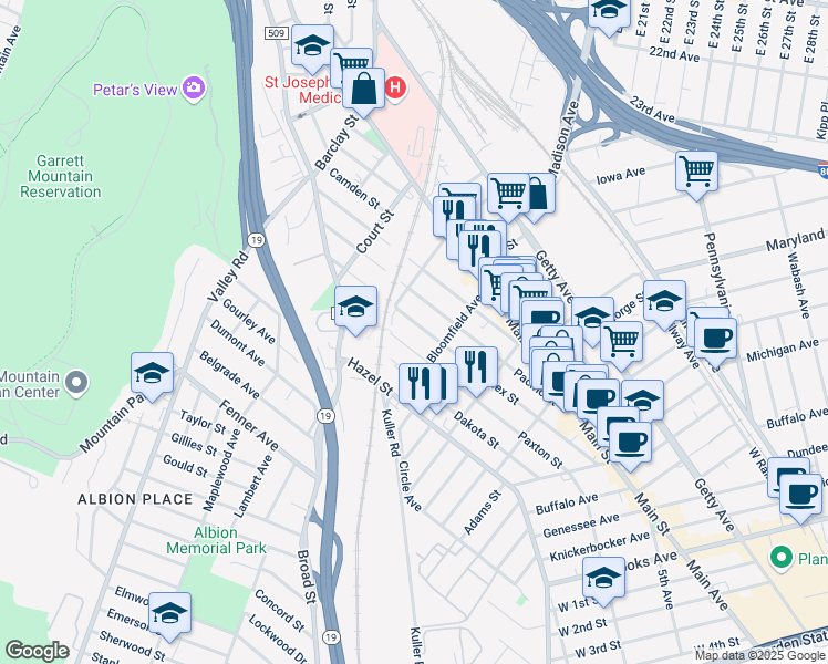 map of restaurants, bars, coffee shops, grocery stores, and more near 266 Sussex Street in Paterson