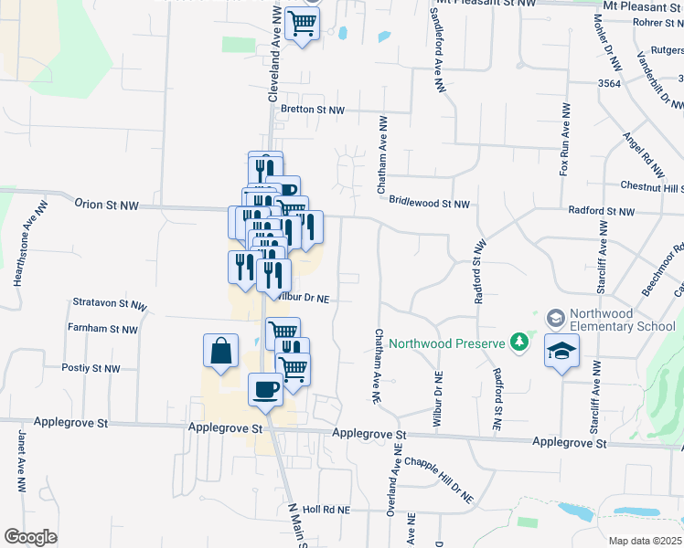 map of restaurants, bars, coffee shops, grocery stores, and more near 1740 Beechwood Avenue Northeast in North Canton