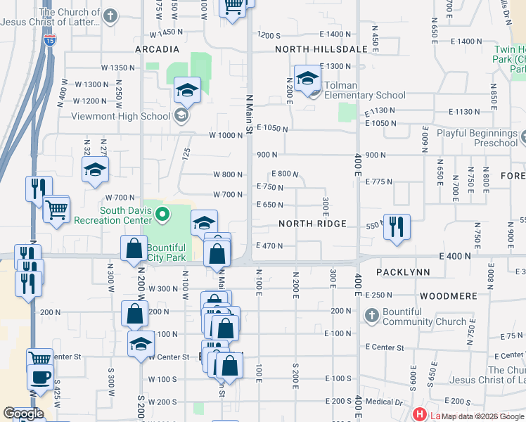 map of restaurants, bars, coffee shops, grocery stores, and more near 104 East 650 North in Bountiful