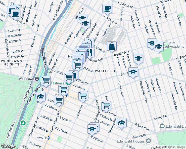 map of restaurants, bars, coffee shops, grocery stores, and more near 4341 Barnes Avenue in Bronx