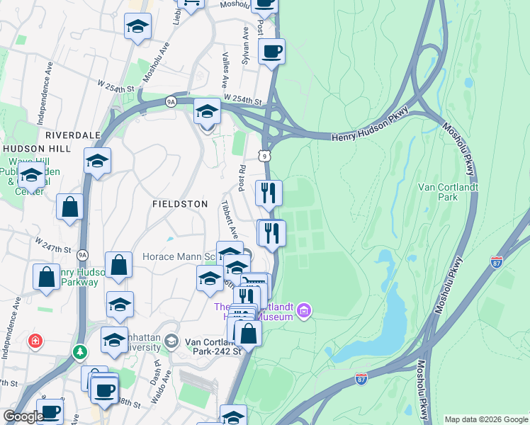 map of restaurants, bars, coffee shops, grocery stores, and more near 6211 Broadway in Bronx