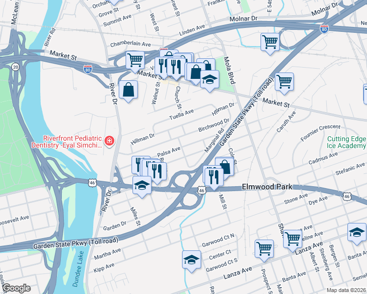 map of restaurants, bars, coffee shops, grocery stores, and more near 131 Palsa Avenue in Elmwood Park