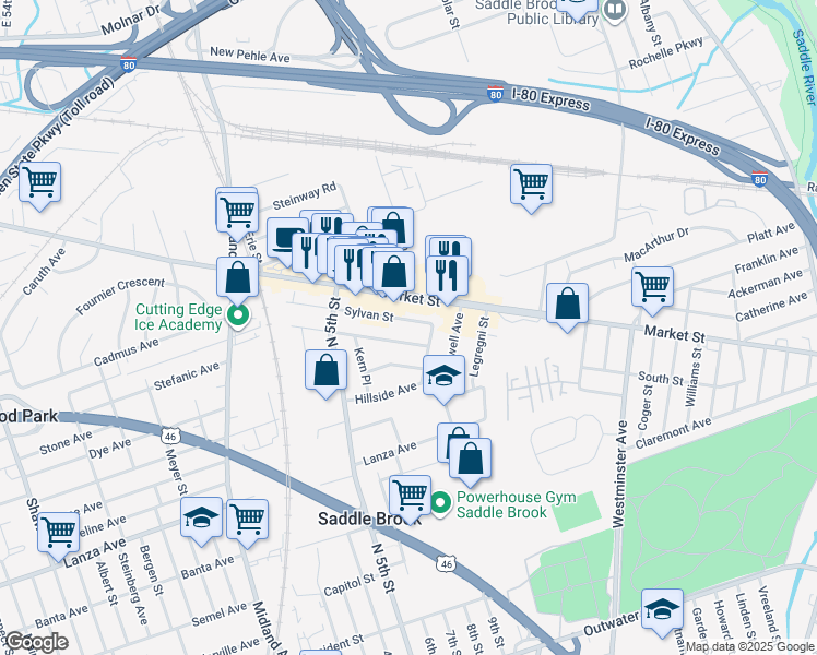 map of restaurants, bars, coffee shops, grocery stores, and more near 406 Sylvan Street in Saddle Brook