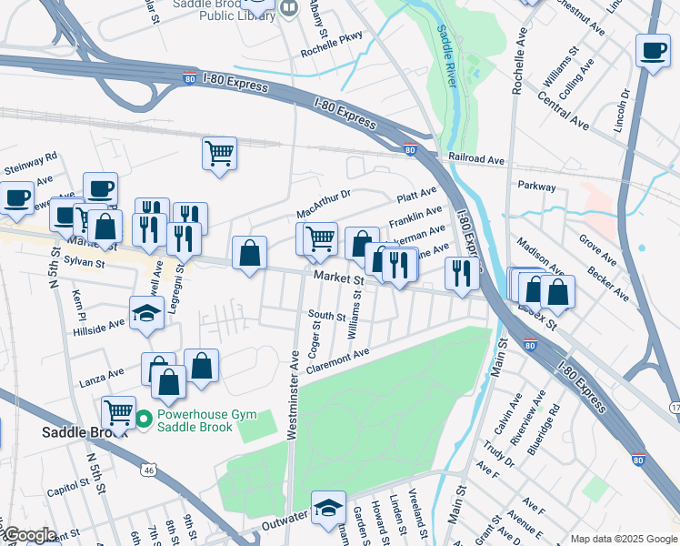 map of restaurants, bars, coffee shops, grocery stores, and more near 175 Market Street in Saddle Brook