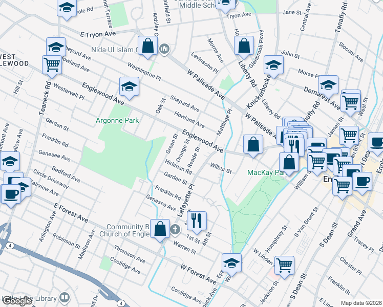 map of restaurants, bars, coffee shops, grocery stores, and more near 120 Reade Street in Englewood