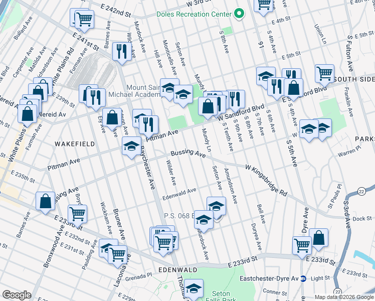 map of restaurants, bars, coffee shops, grocery stores, and more near 4198 Hill Avenue in Bronx
