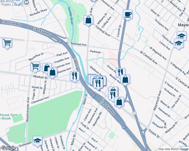 map of restaurants, bars, coffee shops, grocery stores, and more near 28 Lexington Avenue in Rochelle Park