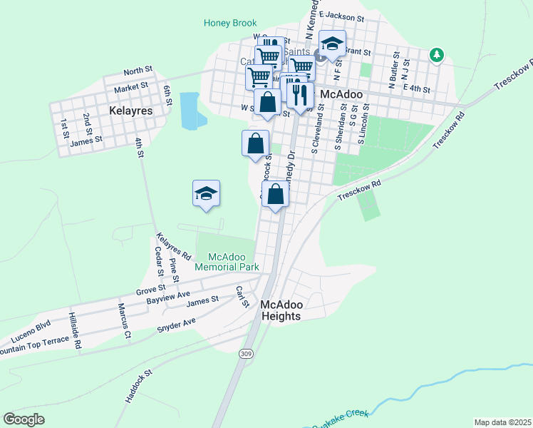 map of restaurants, bars, coffee shops, grocery stores, and more near 523 South Hancock Street in McAdoo