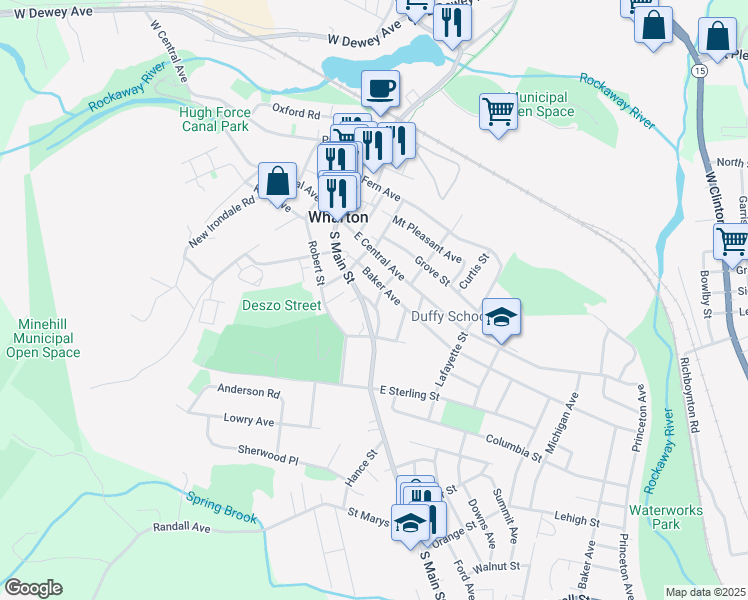 map of restaurants, bars, coffee shops, grocery stores, and more near 14 Oak Lane in Wharton